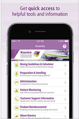 Kcentra Quick Guide app menu