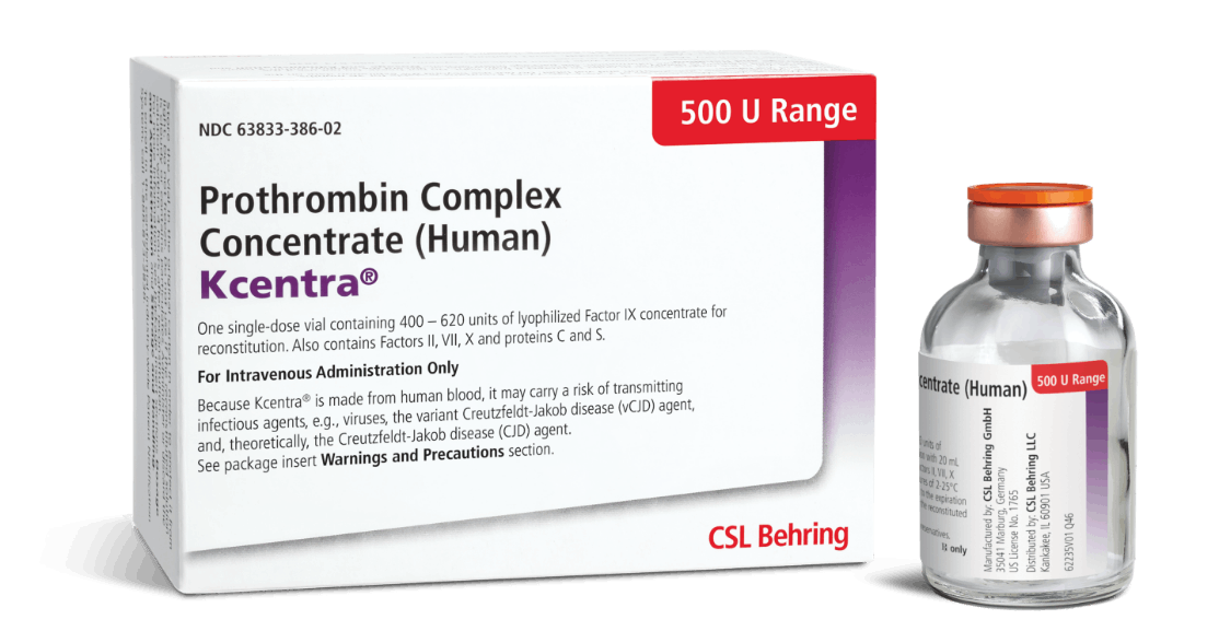 KCENTRA Carton and 500 unit range for use with 20 mL vial of sterile water for injection, USP